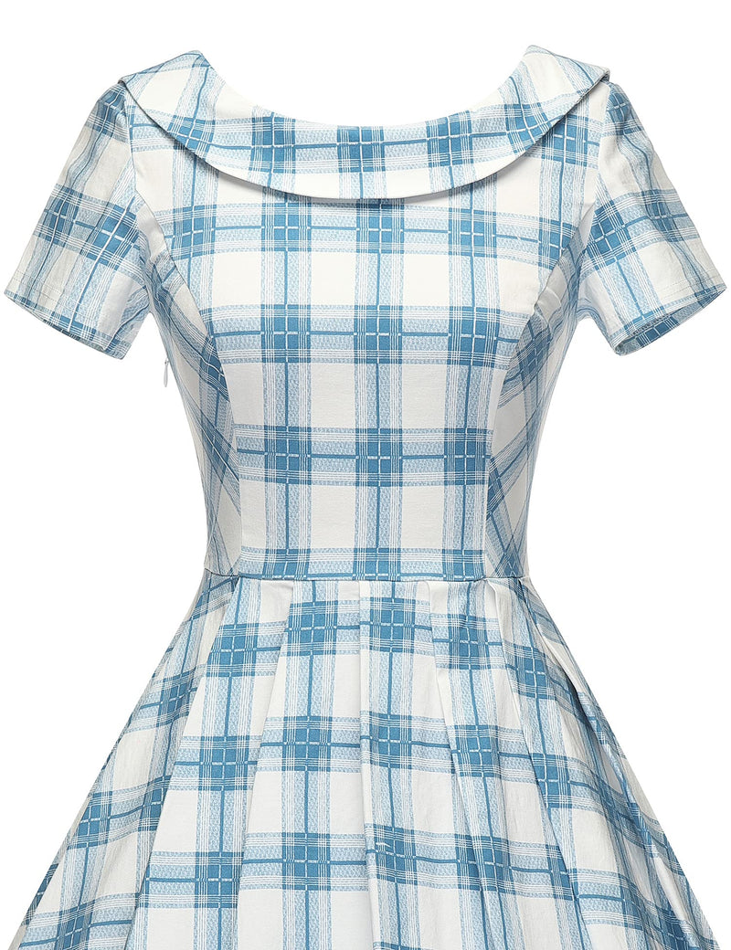 1950s  Blueplaid Roll Collar Swing Dress With Pockets - Gowntownvintage