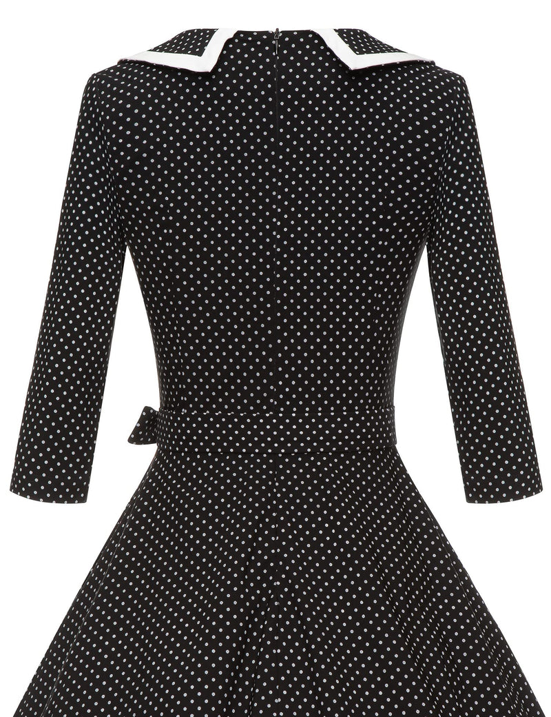 50s Women`s  Blackdot  Peter Pan Collar Long Sleeve Party Dress With Pockets - Gowntownvintage
