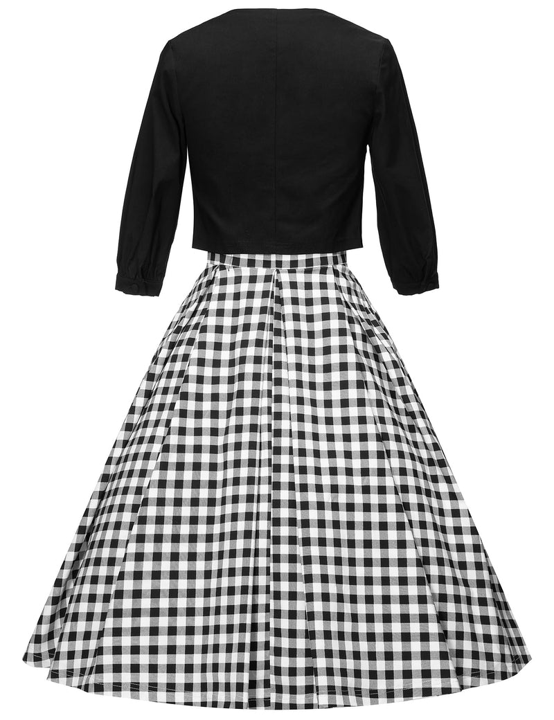 Women`s 1950s Black Plaid Audrey Hepburn Style Tea Dress With Jacket - Gowntownvintage