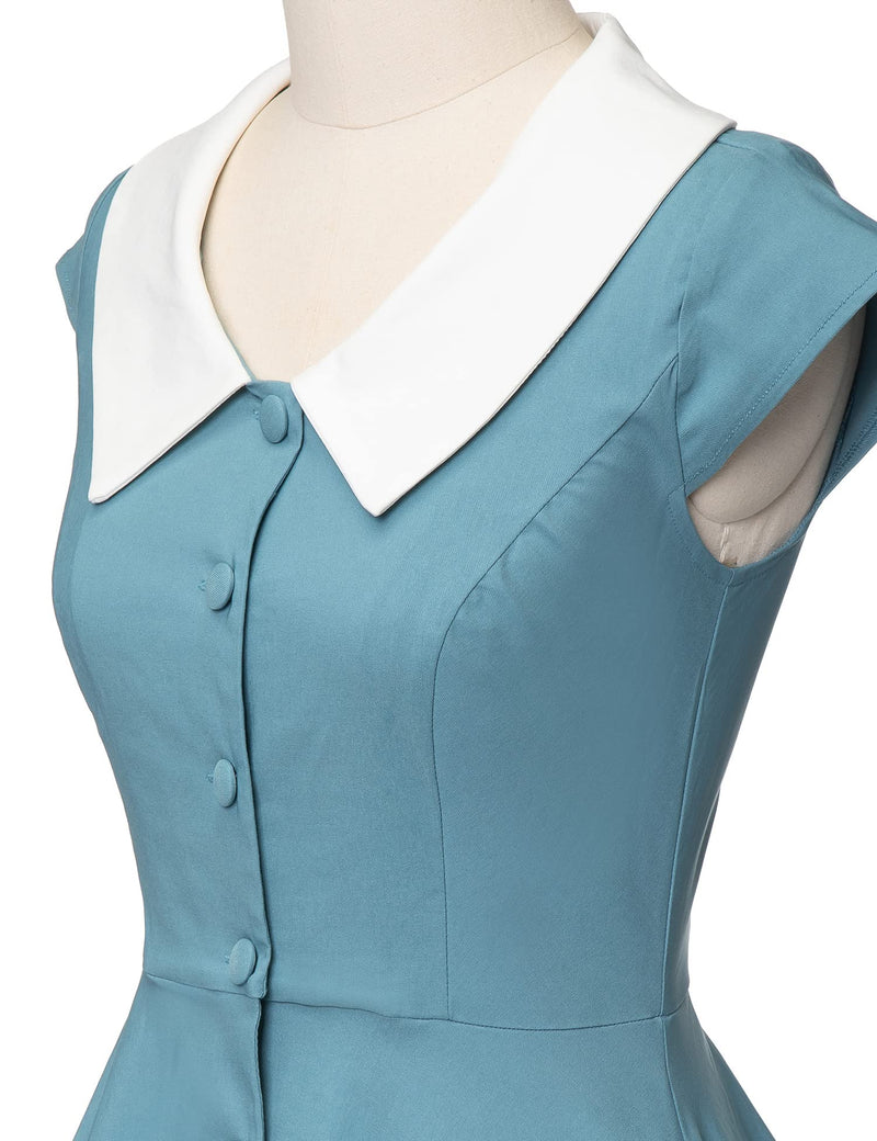 1940s 50s  Peter Pan Collar Blue Shirtwaist Vintage Swing Dress With Pockets - Gowntownvintage