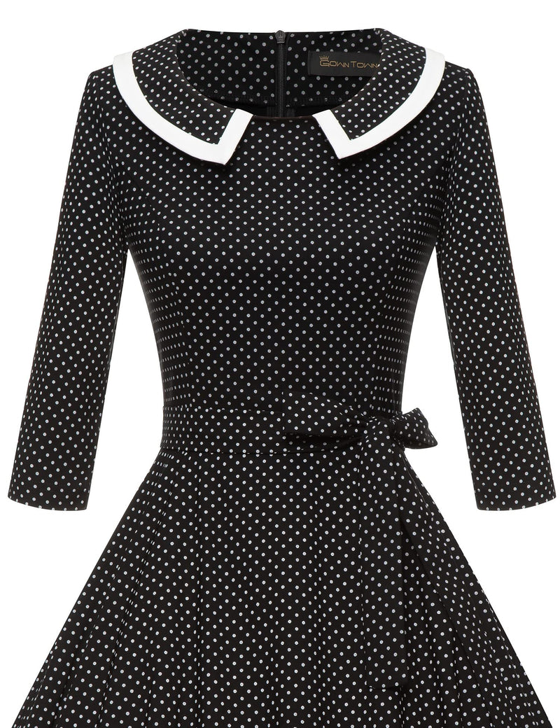 50s Women`s  Blackdot  Peter Pan Collar Long Sleeve Party Dress With Pockets - Gowntownvintage