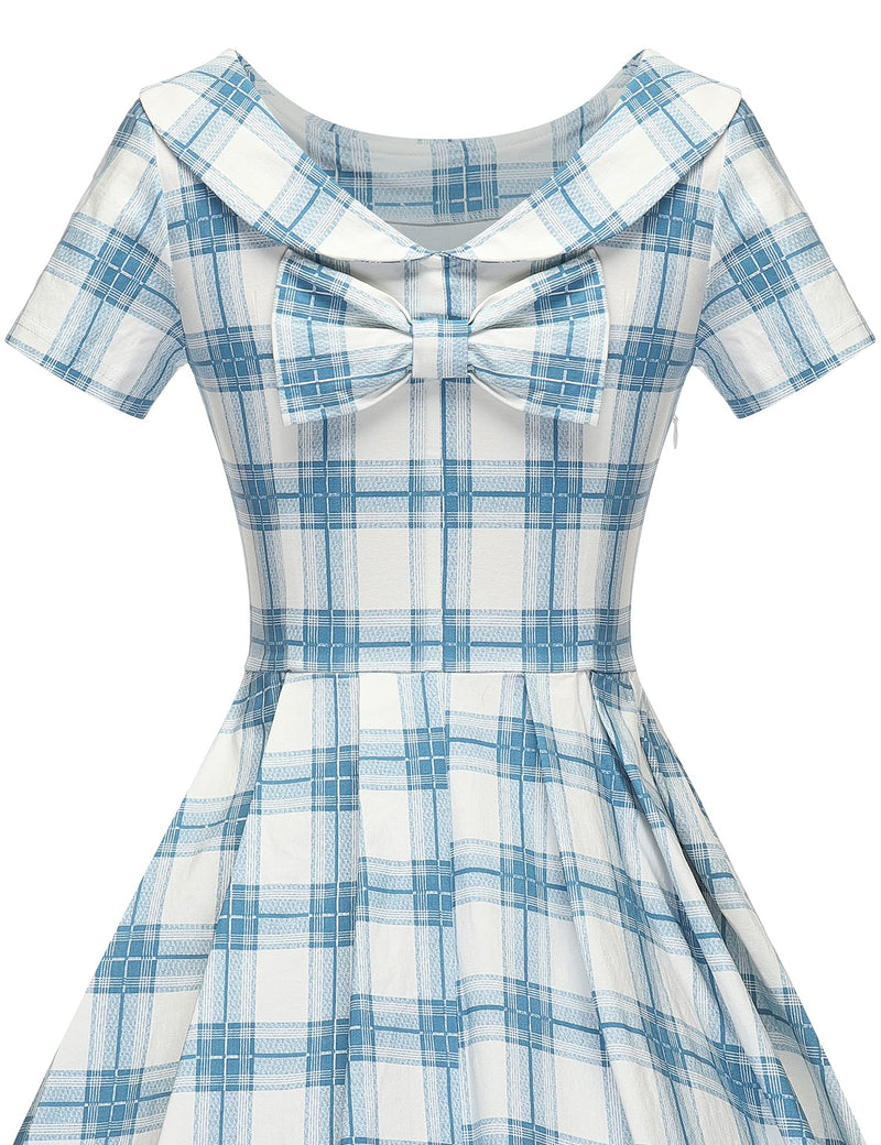 1950s  Blueplaid Roll Collar Swing Dress With Pockets - Gowntownvintage