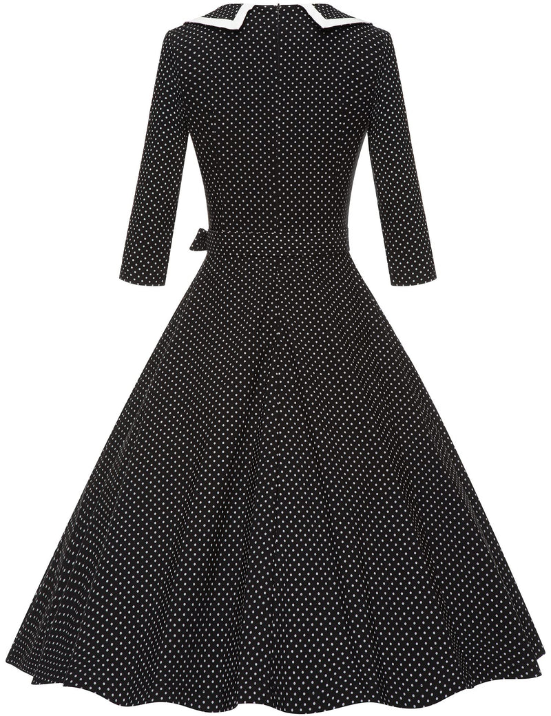 50s Women`s  Blackdot  Peter Pan Collar Long Sleeve Party Dress With Pockets - Gowntownvintage