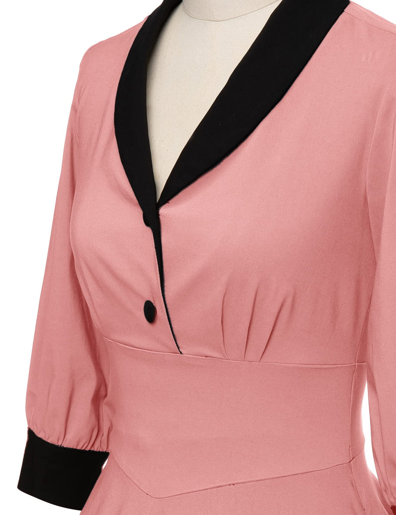 40s Vintage Women`s  Salmon Pink Shawl Collar Vneckline Shirtwaist Swing Dress With Pockets - Gowntownvintage