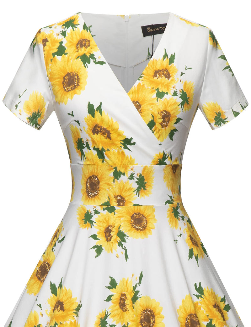 50s  Sunflower Floral Print Vneck  Retro Party Swing Dress With Pockets - Gowntownvintage