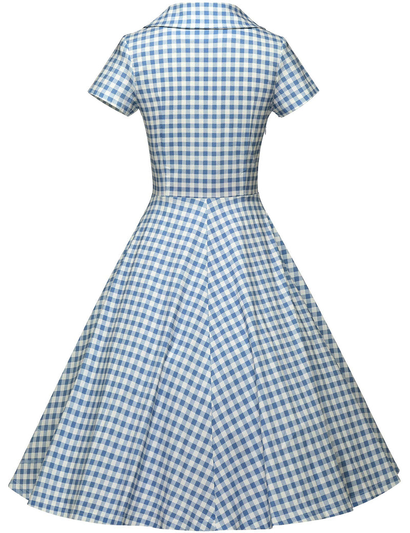40s 50s Lapel Collar Lightblue Plaid Vneckline Shirtwaist Vintage Dress With Pockets - Gowntownvintage