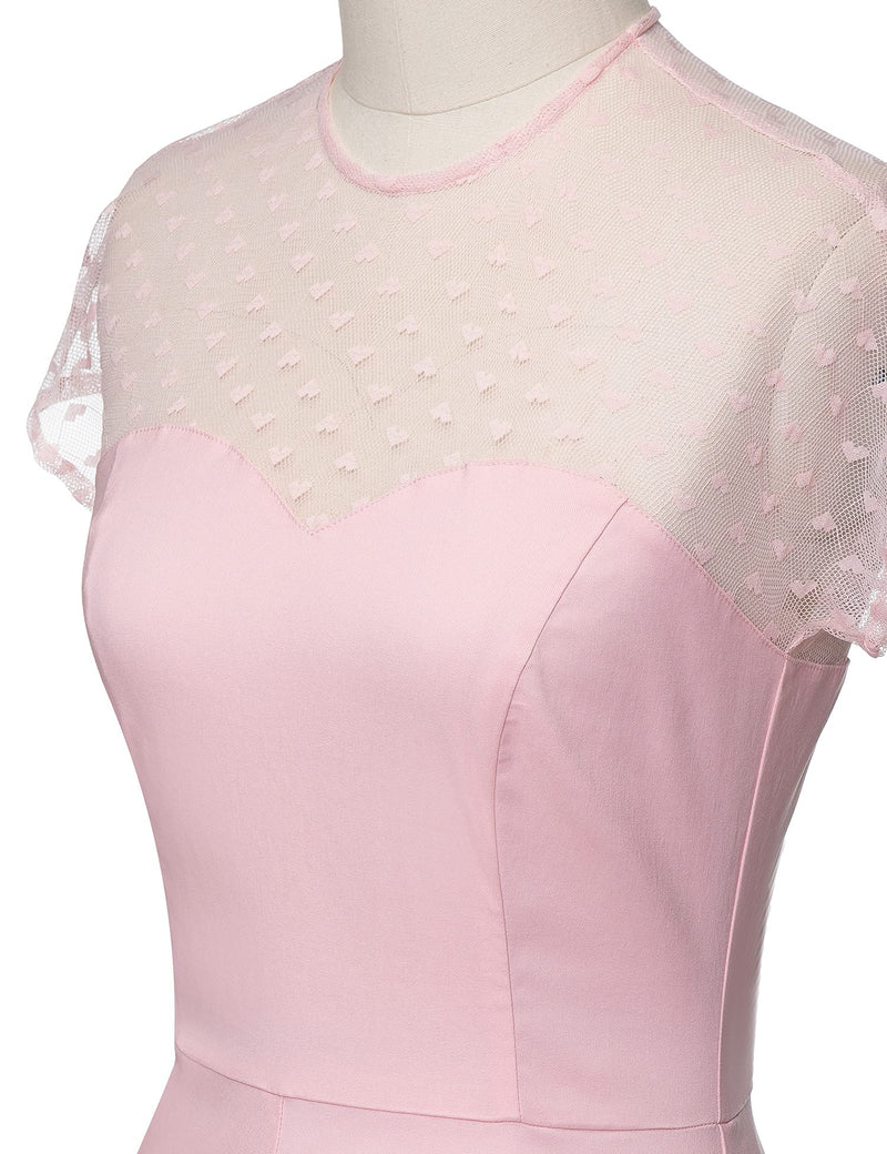 50s  Round Neckline Semi-transparent Lace Top Pink Splicing Party Swing Dress With Pockets - Gowntownvintage