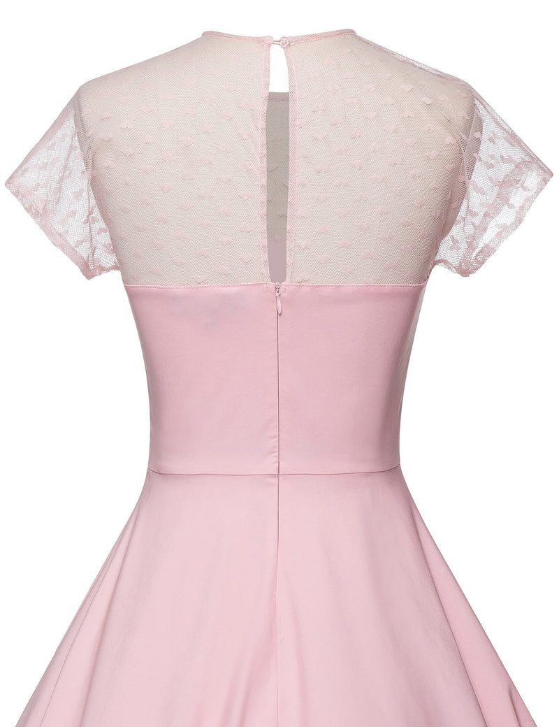 50s  Round Neckline Semi-transparent Lace Top Pink Splicing Party Swing Dress With Pockets - Gowntownvintage