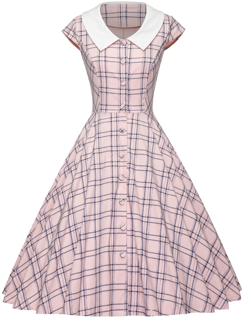 1940s 50s  Peter Pan Collar Plaid  Shirtwaist Vintage Swing Dress With Pockets - Gowntownvintage