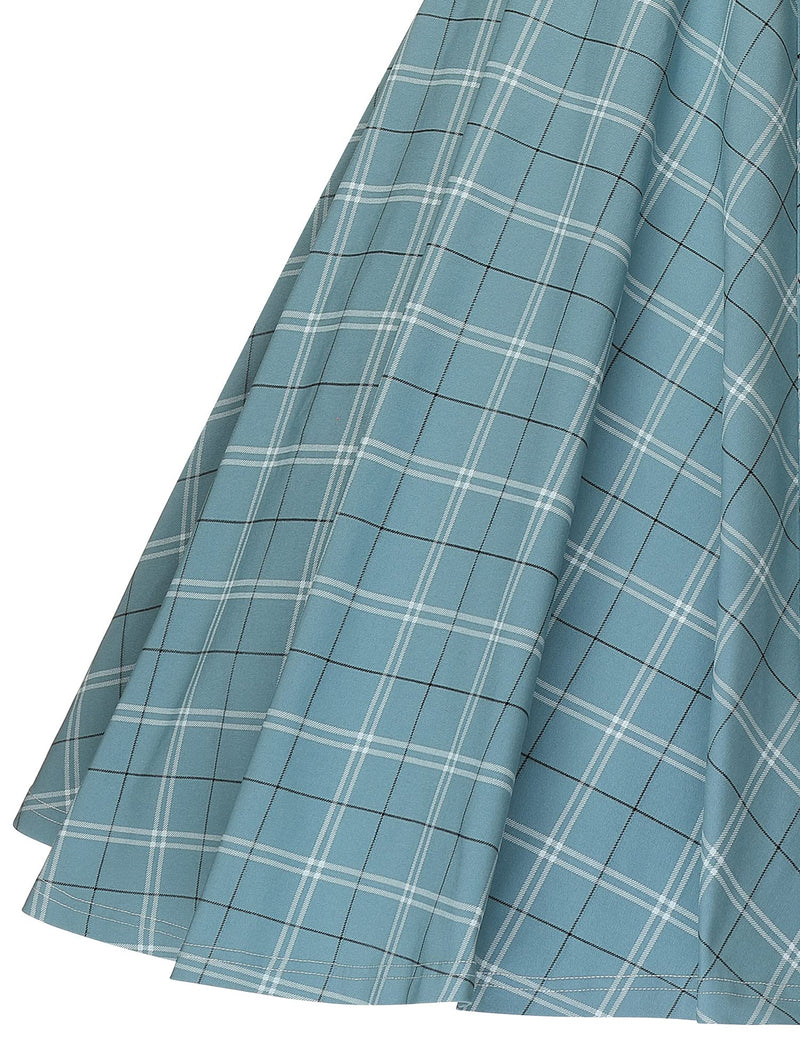 40s 50s Lapel Collar Blueplaid Vneckline Shirtwaist Vintage Dress With Pockets - Gowntownvintage
