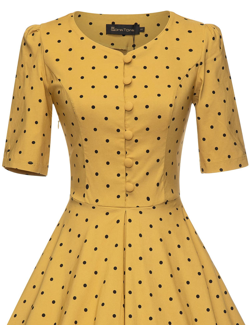 1950s YellowDot  Round Neck Shirtwaist Swing Vintage Dress With Pockets
