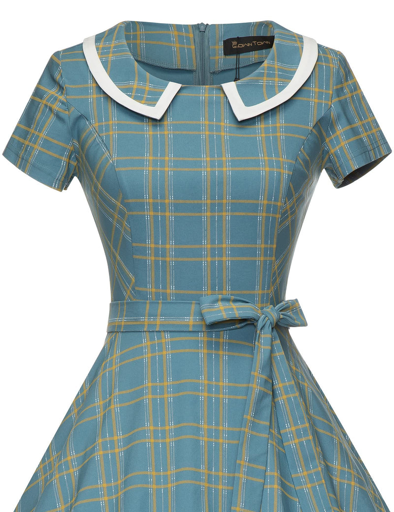 50s Vintage Plaid Peter Pan Collar Swing Dress With Pockets - Gowntownvintage