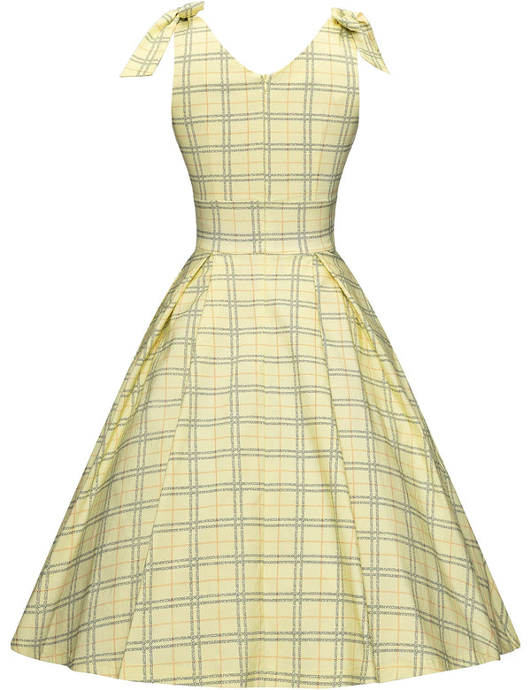 1950s Womens Yellow Plaid Summer Adjustable Strap Dress With Pockets - Gowntownvintage