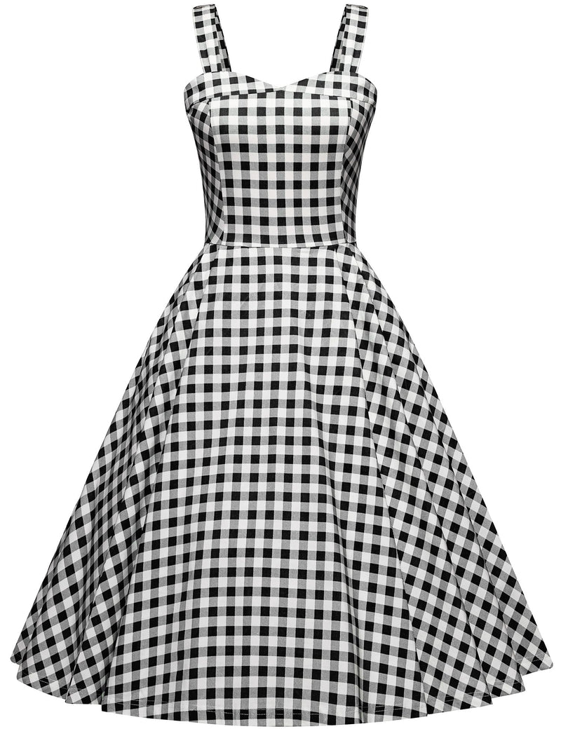 50s blackplaid summer strap swing dress with pockets