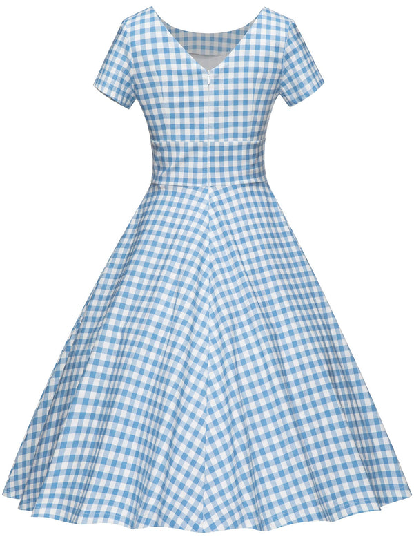 50s Women`s Scoop Collar Blue Plaid Swing Dress With Pockets - Gowntownvintage