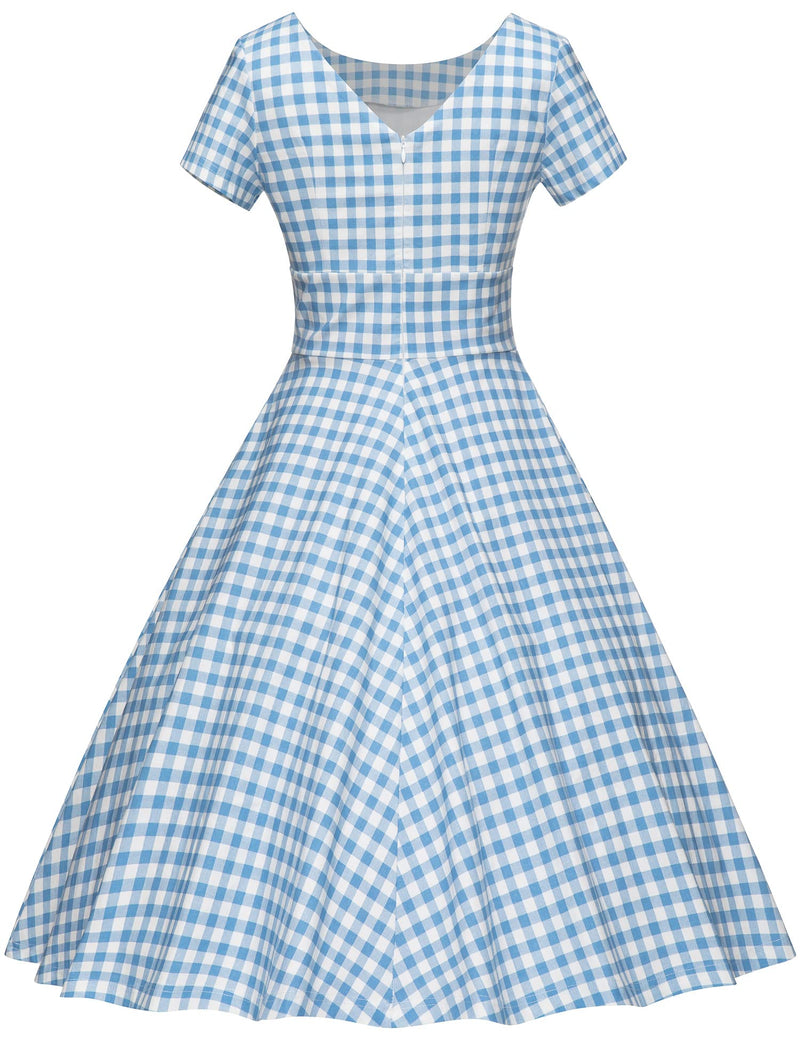 50s Women`s Scoop Collar Blue Plaid Swing Dress With Pockets - Gowntownvintage