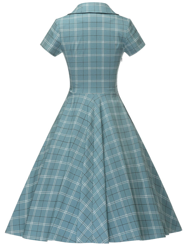 40s 50s Lapel Collar Blueplaid Vneckline Shirtwaist Vintage Dress With Pockets - Gowntownvintage