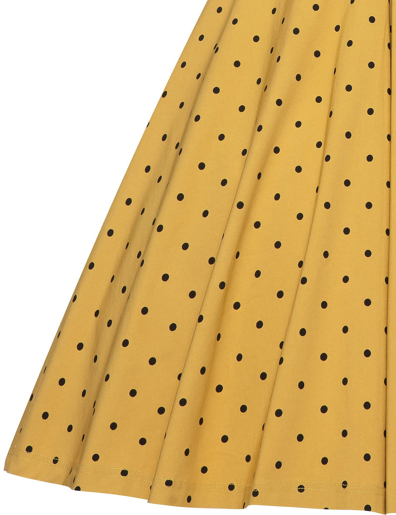1950s YellowDot  Round Neck Shirtwaist Swing Vintage Dress With Pockets