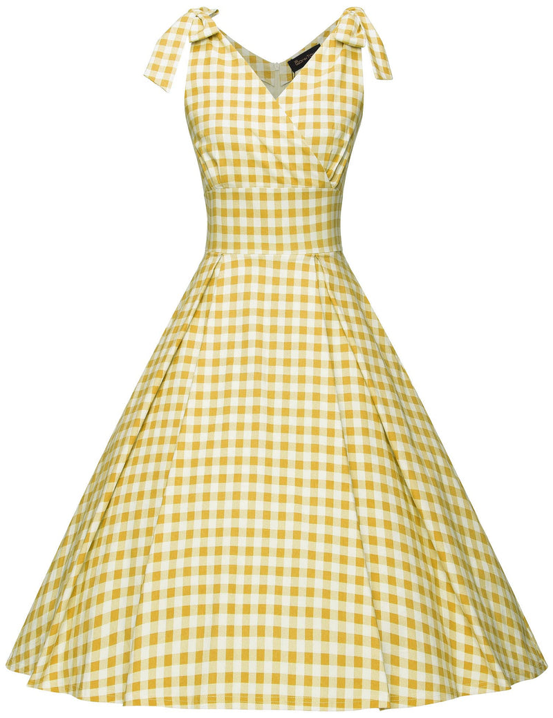 50s yellowplaid should bowknot tie swing dress with pockets