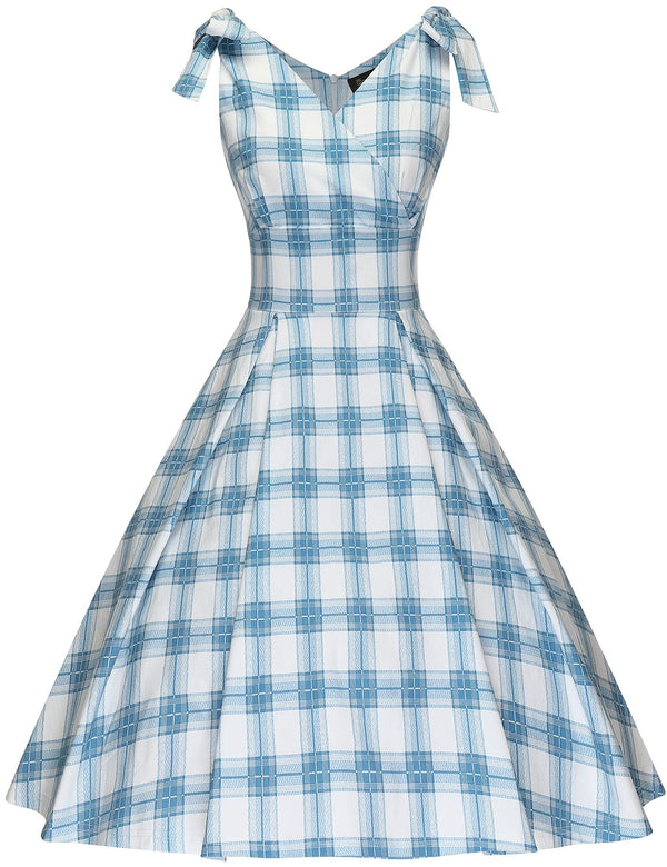 1950s Womens Adjustable Strap Lightblue Plaid  Swing Dress With Pockets - Gowntownvintage