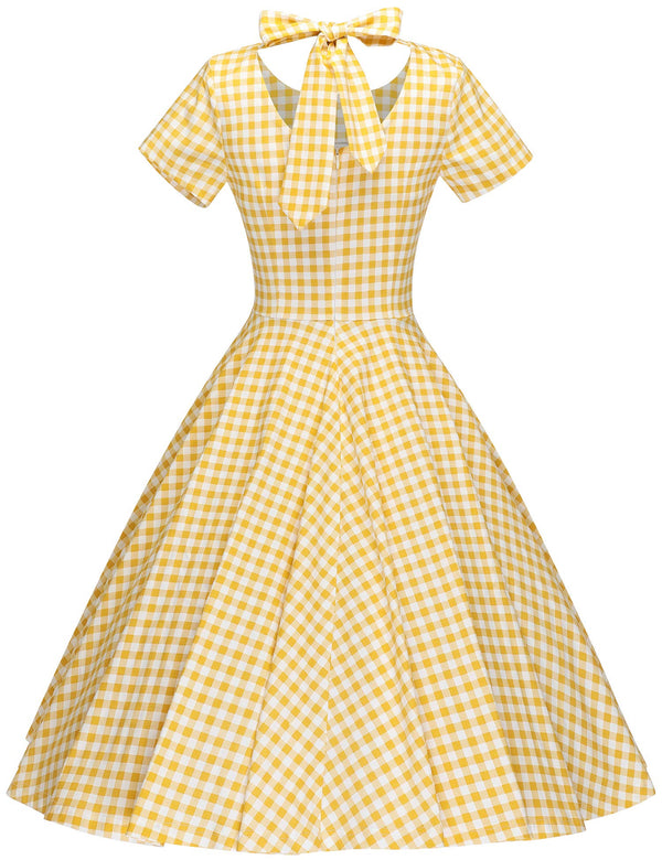 1950s  Yellow Plaid Retro Party Rockabilly Swing Dress With Pockets - Gowntownvintage