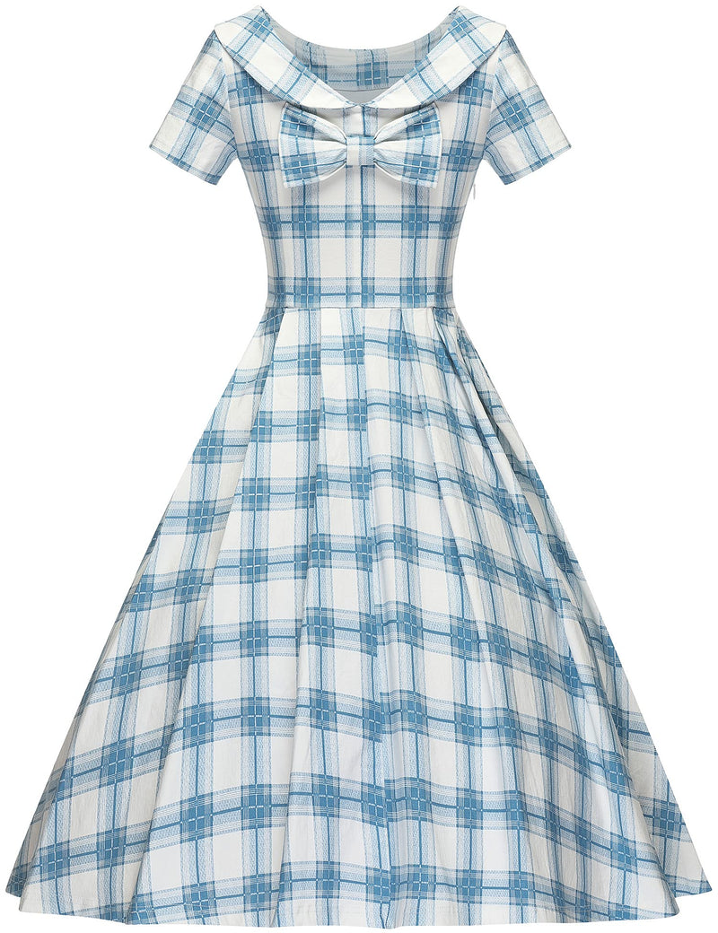 1950s  Blueplaid Roll Collar Swing Dress With Pockets - Gowntownvintage