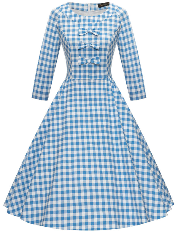 50s Women`s Lightblue Plaid  O neckline Front Bowknot Tie Swing Dress With Pockets - Gowntownvintage