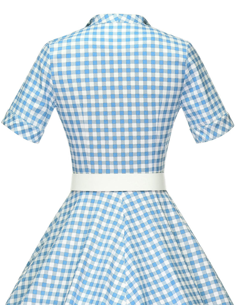 1950s Lapel Collar Vneckline  Blueplaid Shirtwaist Vintage Dress With Belts&Pockets - Gowntownvintage