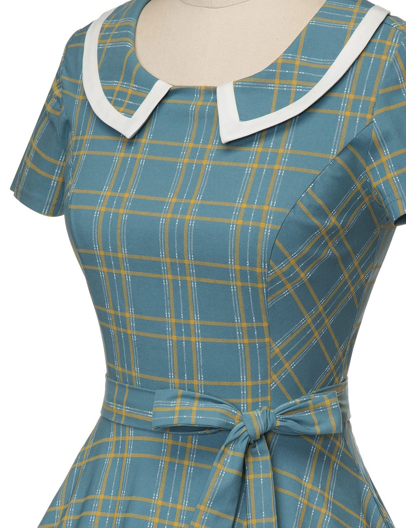 50s Vintage Plaid Peter Pan Collar Swing Dress With Pockets - Gowntownvintage