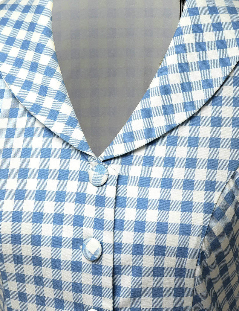 40s 50s Lapel Collar Lightblue Plaid Vneckline Shirtwaist Vintage Dress With Pockets - Gowntownvintage