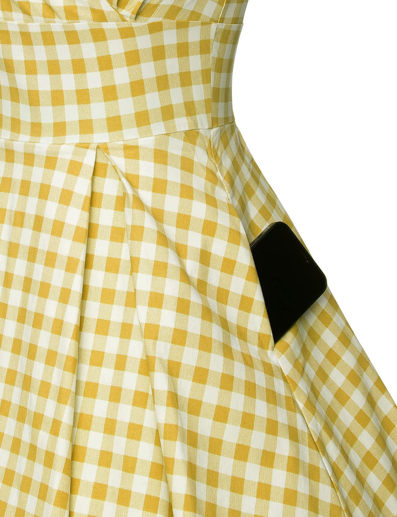 1950s Womens Adjustable Strap Yellowplaid Swing Dress With Pockets - Gowntownvintage