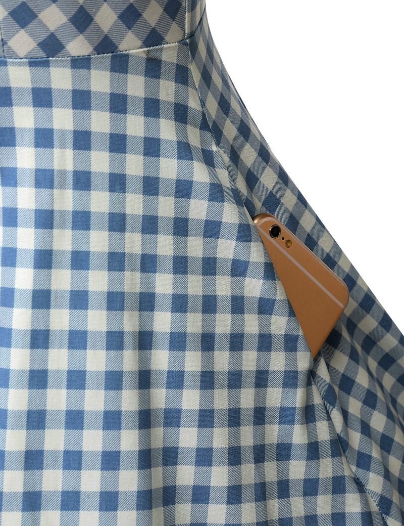 40s 50s Lapel Collar Lightblue Plaid Vneckline Shirtwaist Vintage Dress With Pockets - Gowntownvintage