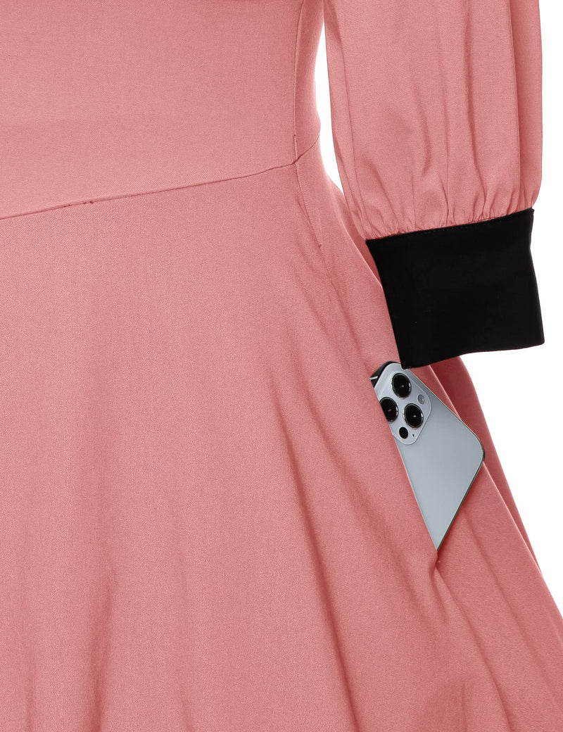 40s Vintage Women`s  Salmon Pink Shawl Collar Vneckline Shirtwaist Swing Dress With Pockets - Gowntownvintage