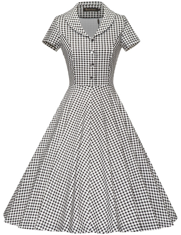 40s 50s Lapel Collar Black Plaid Vneckline Shirtwaist Vintage Dress With Pockets