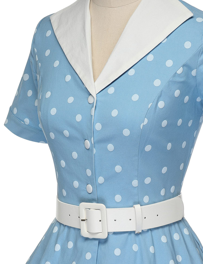 1950s Lapel Collar Vneckline  Lightblue Dot  Shirtwaist Vintage Dress With Belts&Pockets - Gowntownvintage