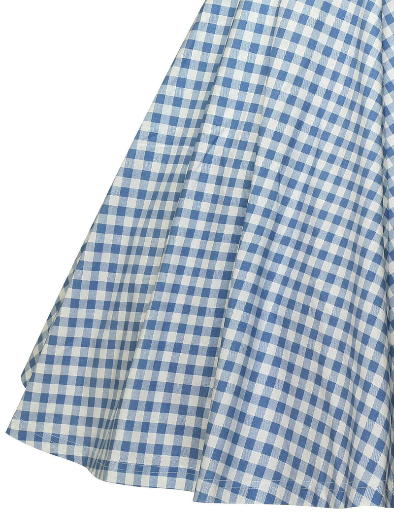 40s 50s Lapel Collar Lightblue Plaid Vneckline Shirtwaist Vintage Dress With Pockets - Gowntownvintage