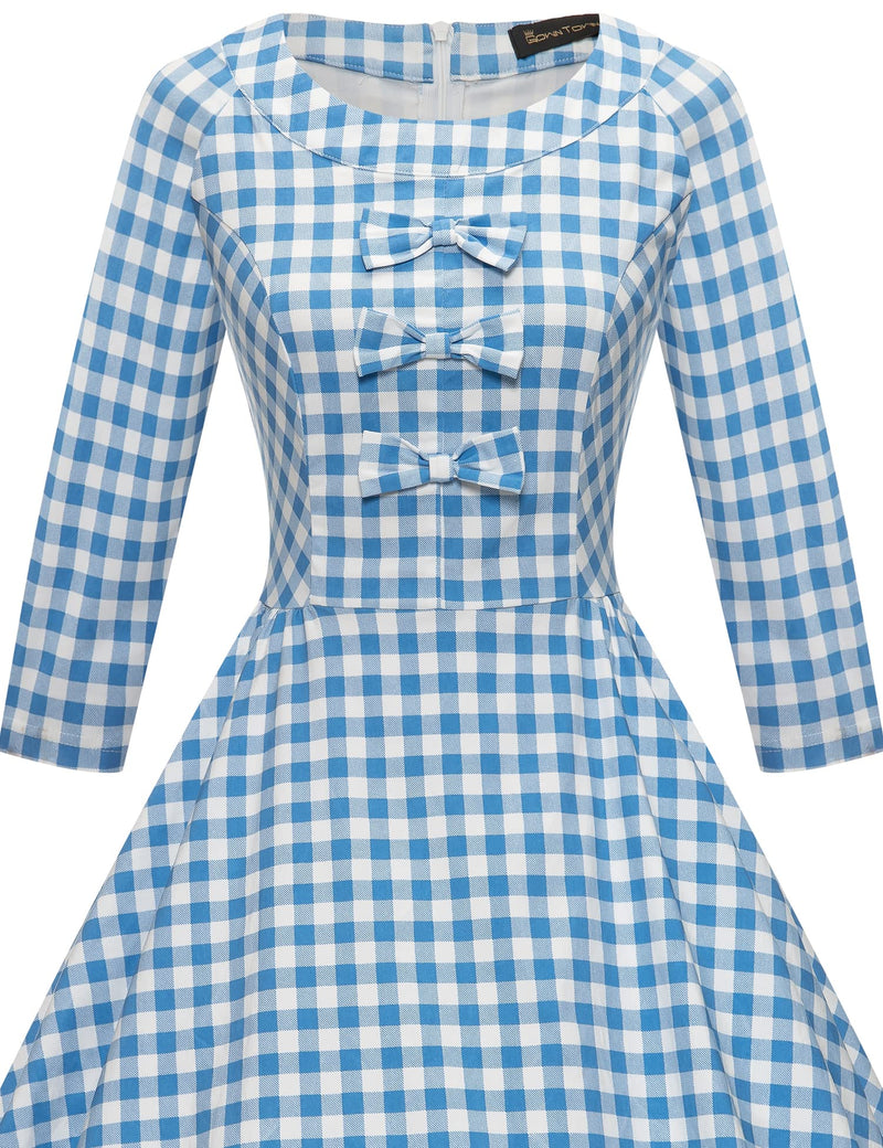 50s Women`s Lightblue Plaid  O neckline Front Bowknot Tie Swing Dress With Pockets - Gowntownvintage