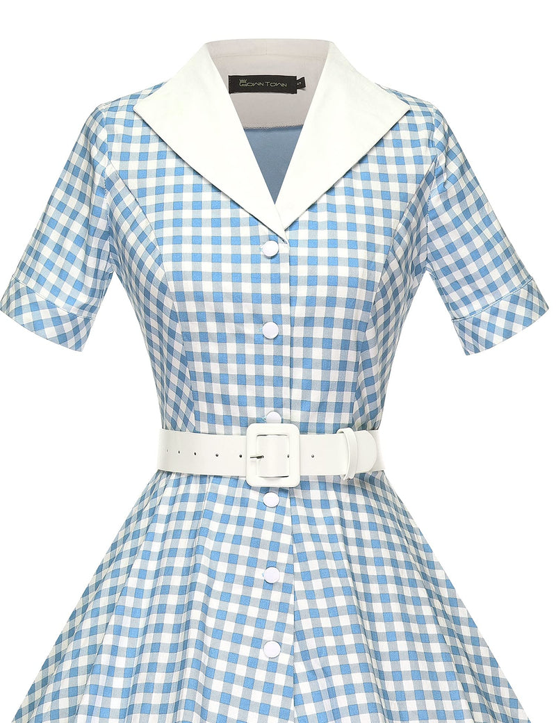 1950s Lapel Collar Vneckline  Blueplaid Shirtwaist Vintage Dress With Belts&Pockets - Gowntownvintage