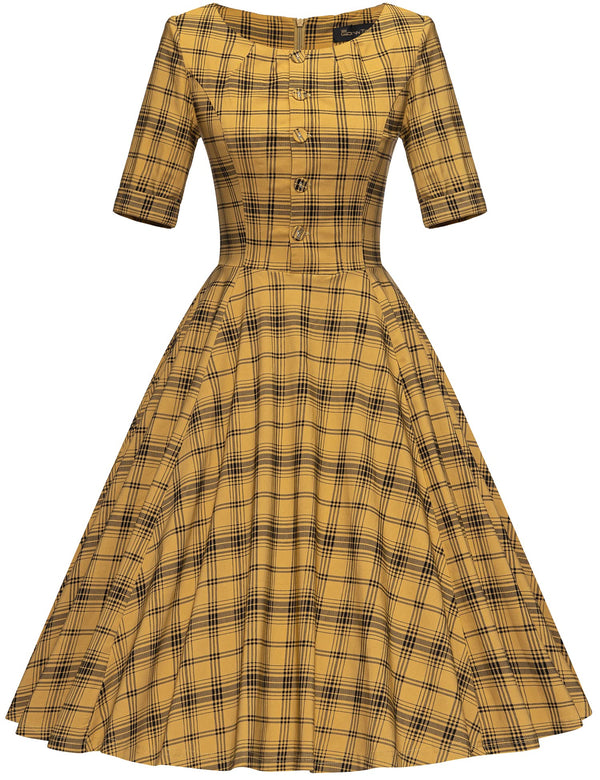40s Women`s Scoop Collar Plaid Shirtwaist  Swing Dress With Pockets - Gowntownvintage