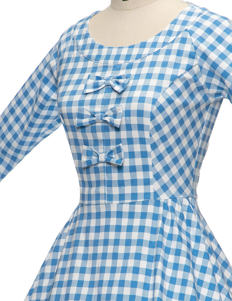 50s Women`s Lightblue Plaid  O neckline Front Bowknot Tie Swing Dress With Pockets - Gowntownvintage