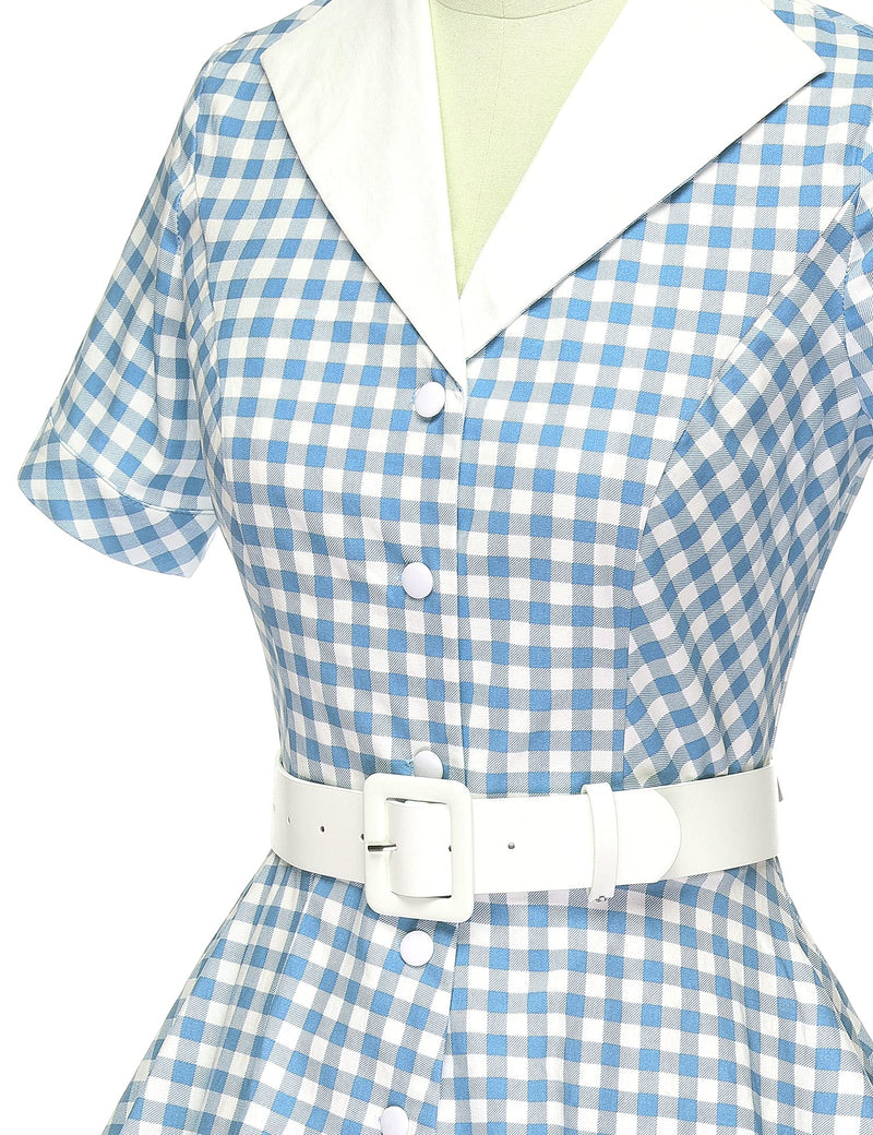 1950s Lapel Collar Vneckline  Blueplaid Shirtwaist Vintage Dress With Belts&Pockets - Gowntownvintage