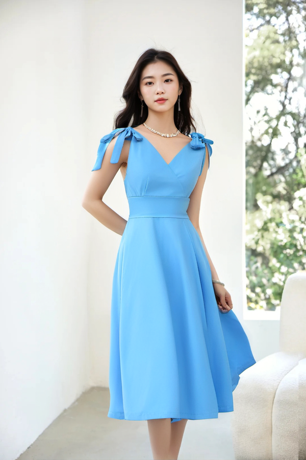 1950s Womens Lightblue Summer Adjustable Strap Dress With Pockets