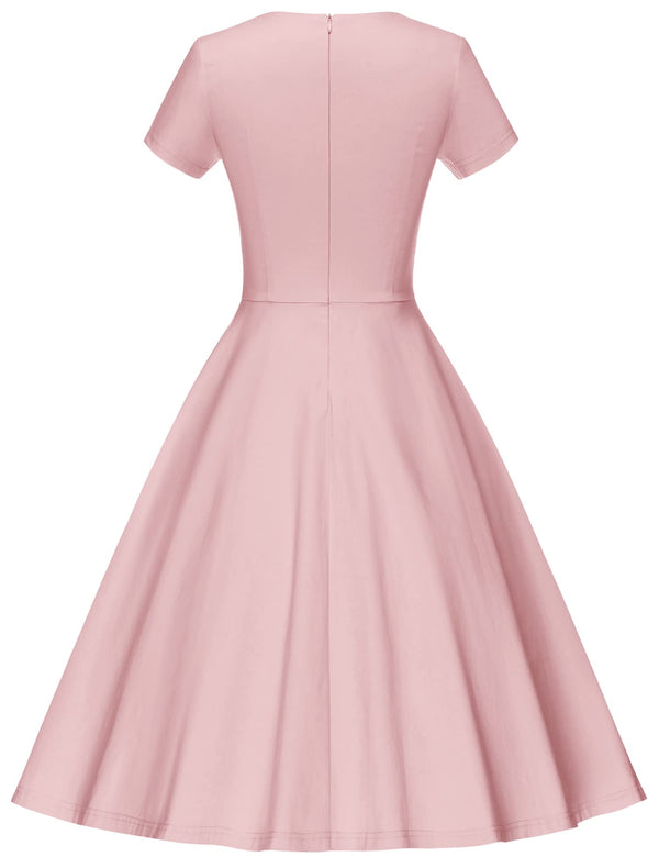 Women`s 50s Pink Inserted V waistline Vintage Party Dress With Pockets - Gowntownvintage
