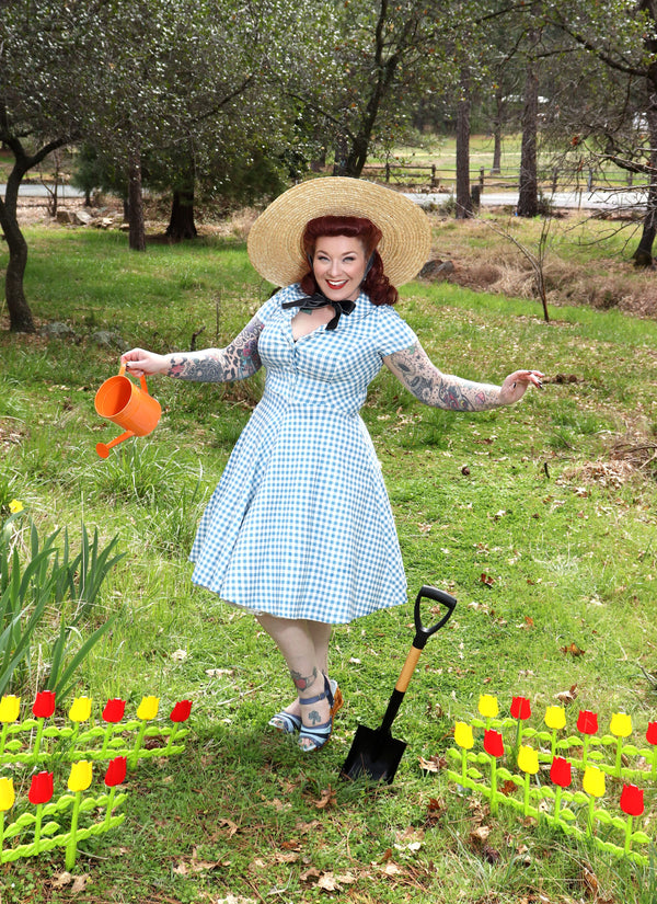 40s 50s Lapel Collar Lightblue Plaid Vneckline Shirtwaist Vintage Dress With Pockets - Gowntownvintage
