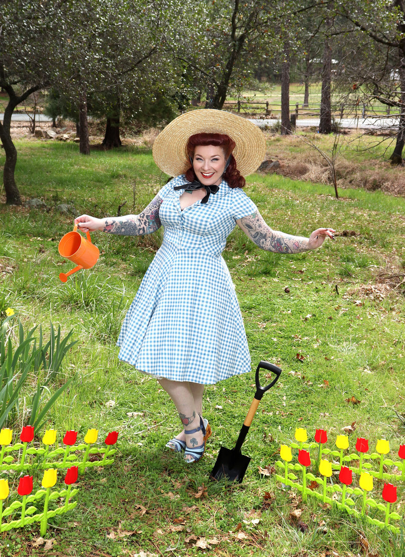 40s 50s Lapel Collar Lightblue Plaid Vneckline Shirtwaist Vintage Dress With Pockets - Gowntownvintage
