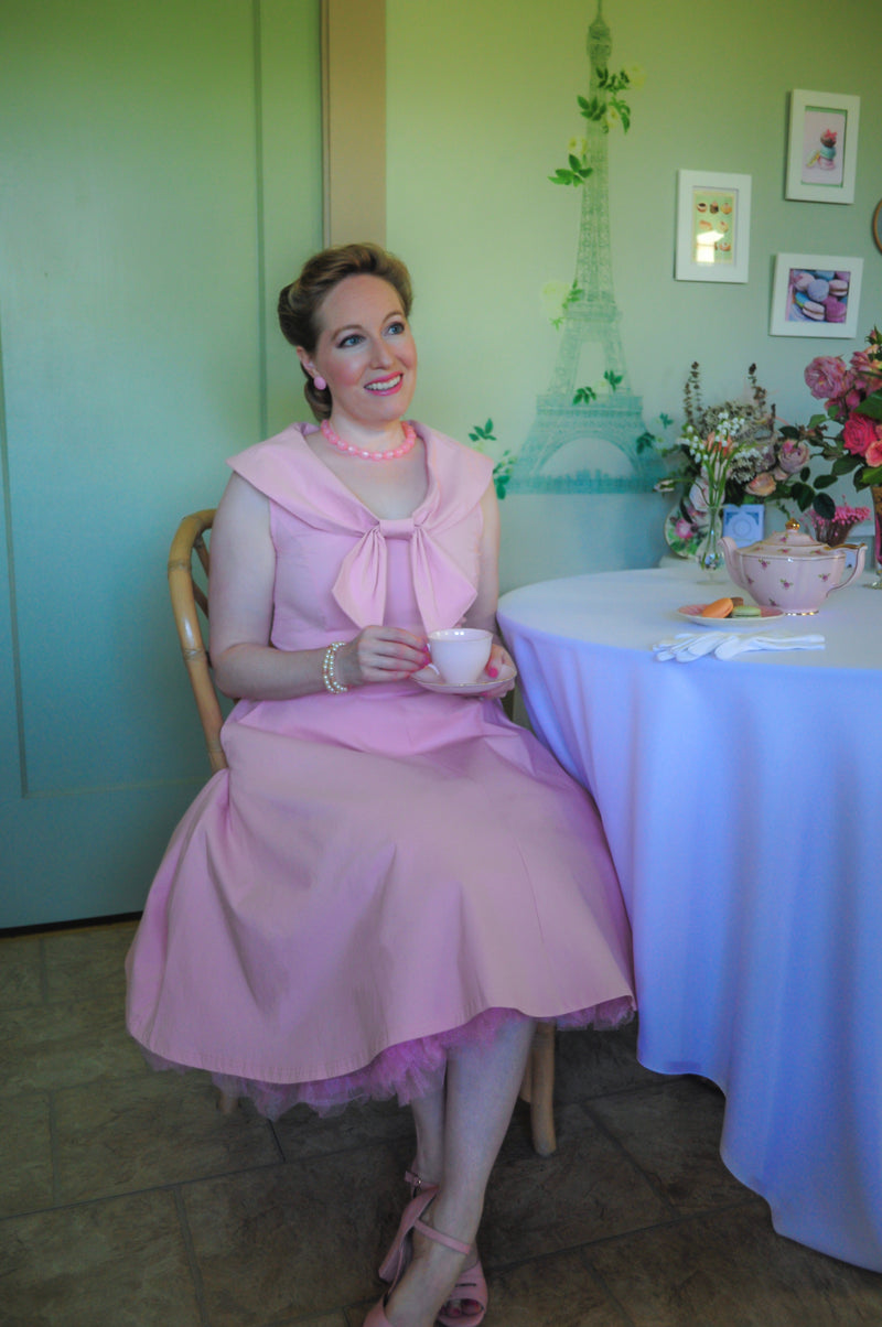 Women`s 50s Bowknot Cape Collar  Pink Casual Swing Party Dress With Pockets - Gowntownvintage