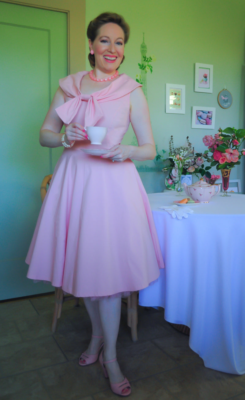 Women`s 50s Bowknot Cape Collar  Pink Casual Swing Party Dress With Pockets - Gowntownvintage