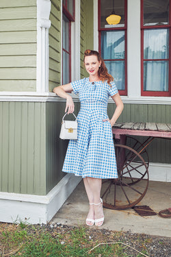  50s Lightblue Plaid O neck With Fixed Bowknot Swing Party Dress With Pockets