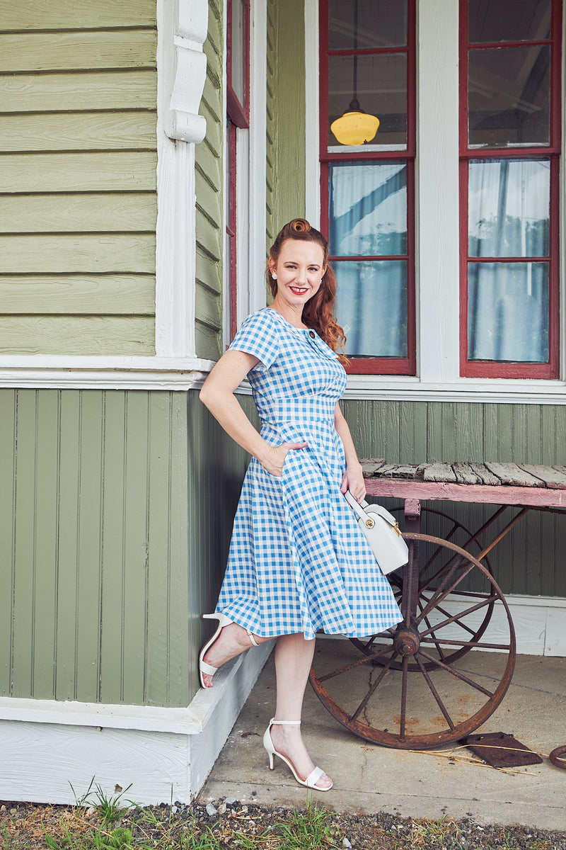 Women`s 50s Lightblue Plaid Inserted V waistline Vintage Party Dress With Pockets - Gowntownvintage