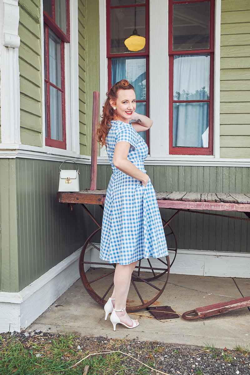 Women`s 50s Lightblue Plaid Inserted V waistline Vintage Party Dress With Pockets - Gowntownvintage